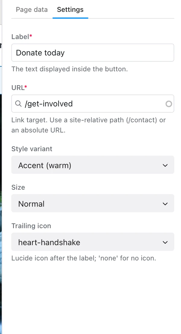 The same Button component in the Canvas editor: Label and URL fields, a Style variant select showing 'Glass (over photo)', Size and Trailing icon selects