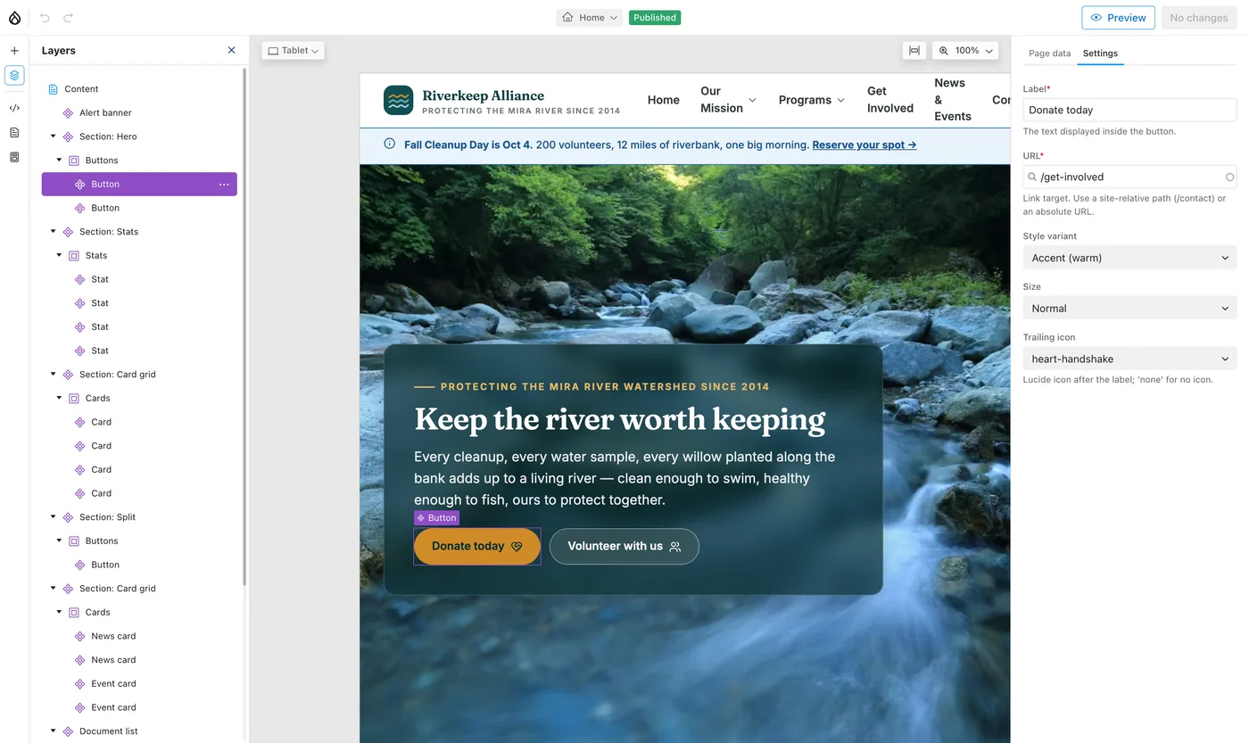 The Drupal Canvas editor showing the DrupalX demo homepage with the component layers panel and a Button component's settings form open