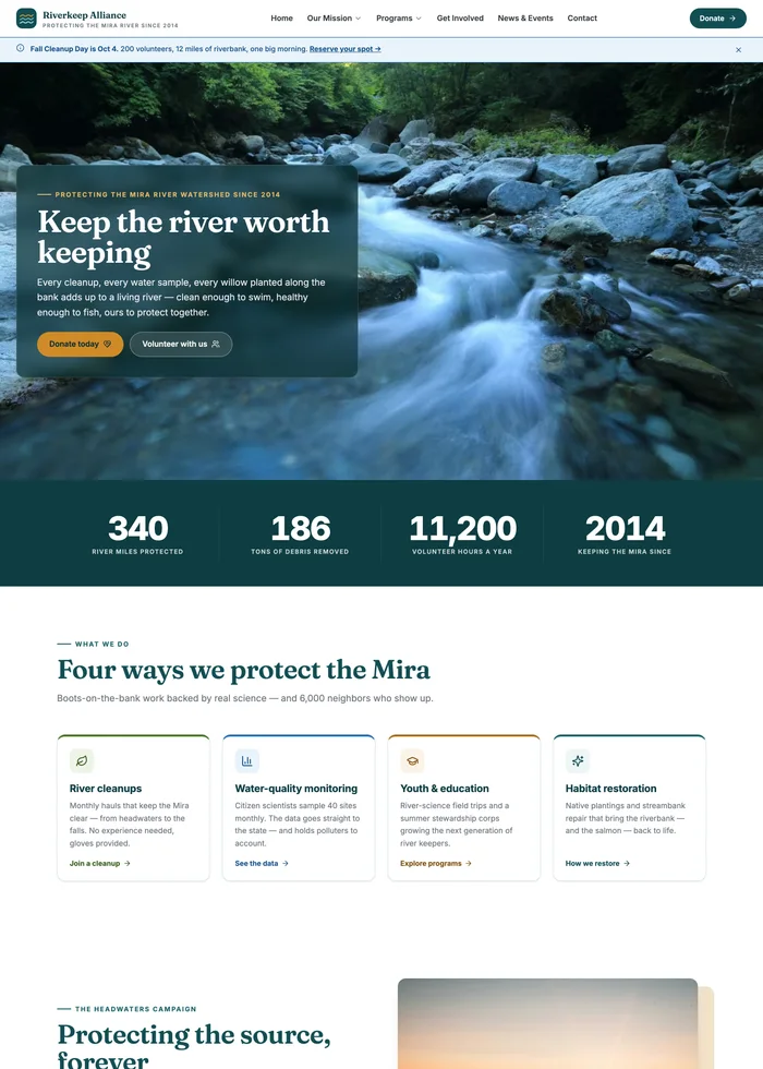 The same components rebranded as a river-teal watershed-nonprofit site