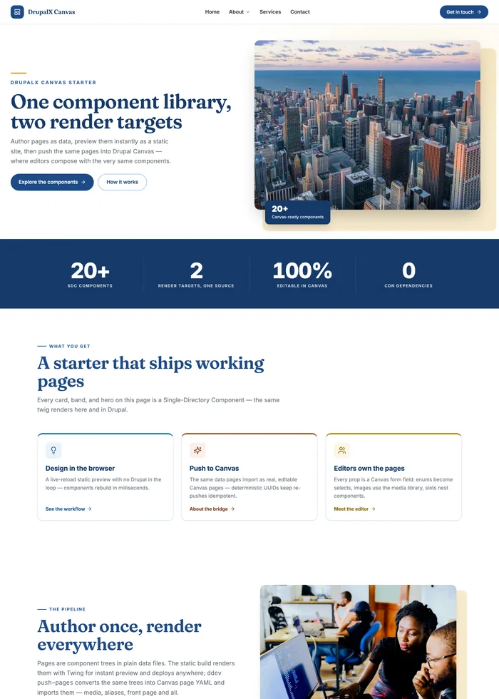 The DrupalX demo homepage in the default blue starter brand