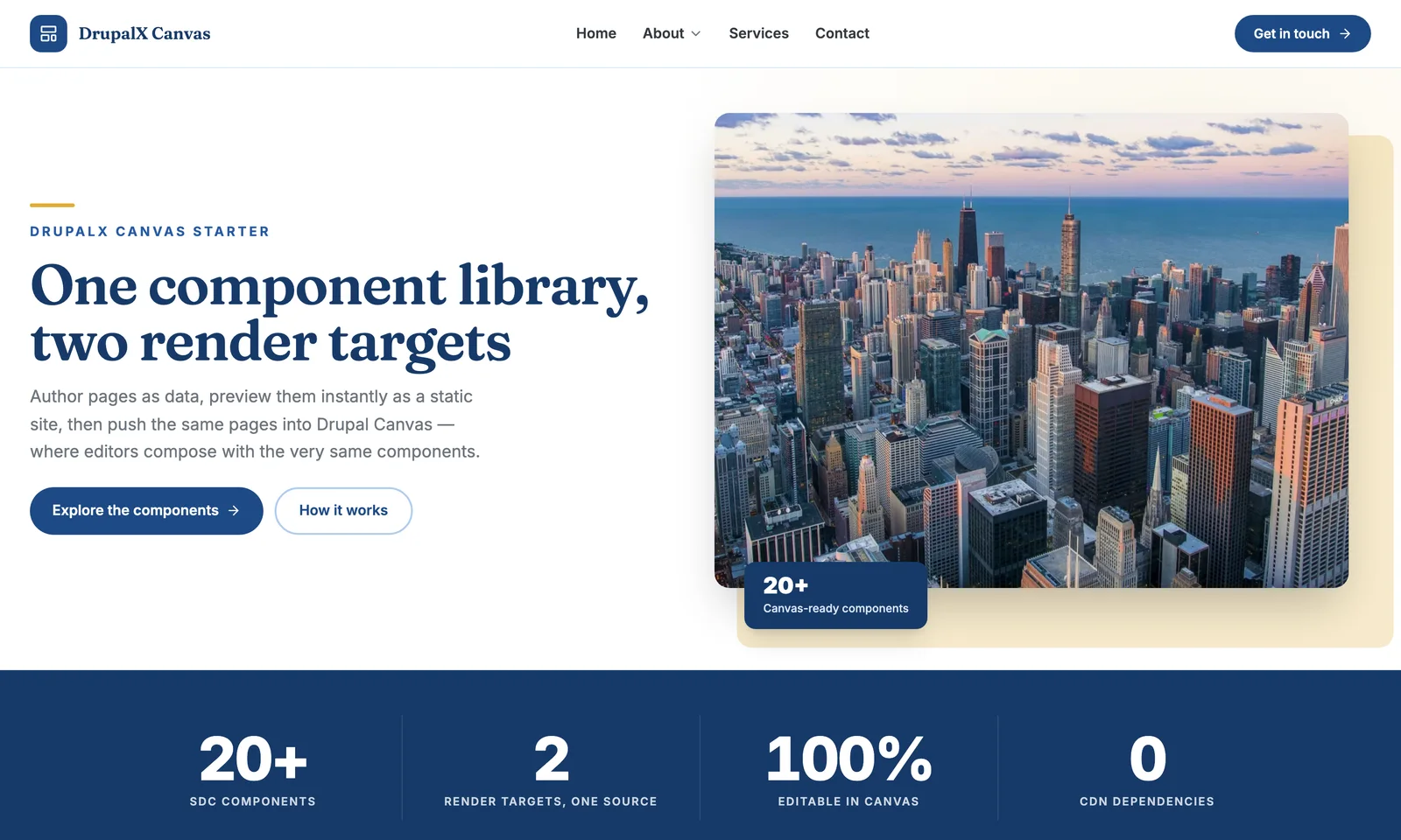 The DrupalX demo homepage — split hero with photo card and stat chip